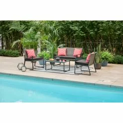 Allen + Roth Ainsley 4-Piece Steel Frame Patio Conversation Set with Niuchen Fabric Cushions - Red and Black -Style Selections Sales Store 20235174d L